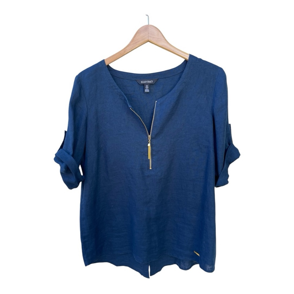 Ellen Tracy Navy Zip Front Roll Tab Short Sleeve Linen Tunic Sz Med